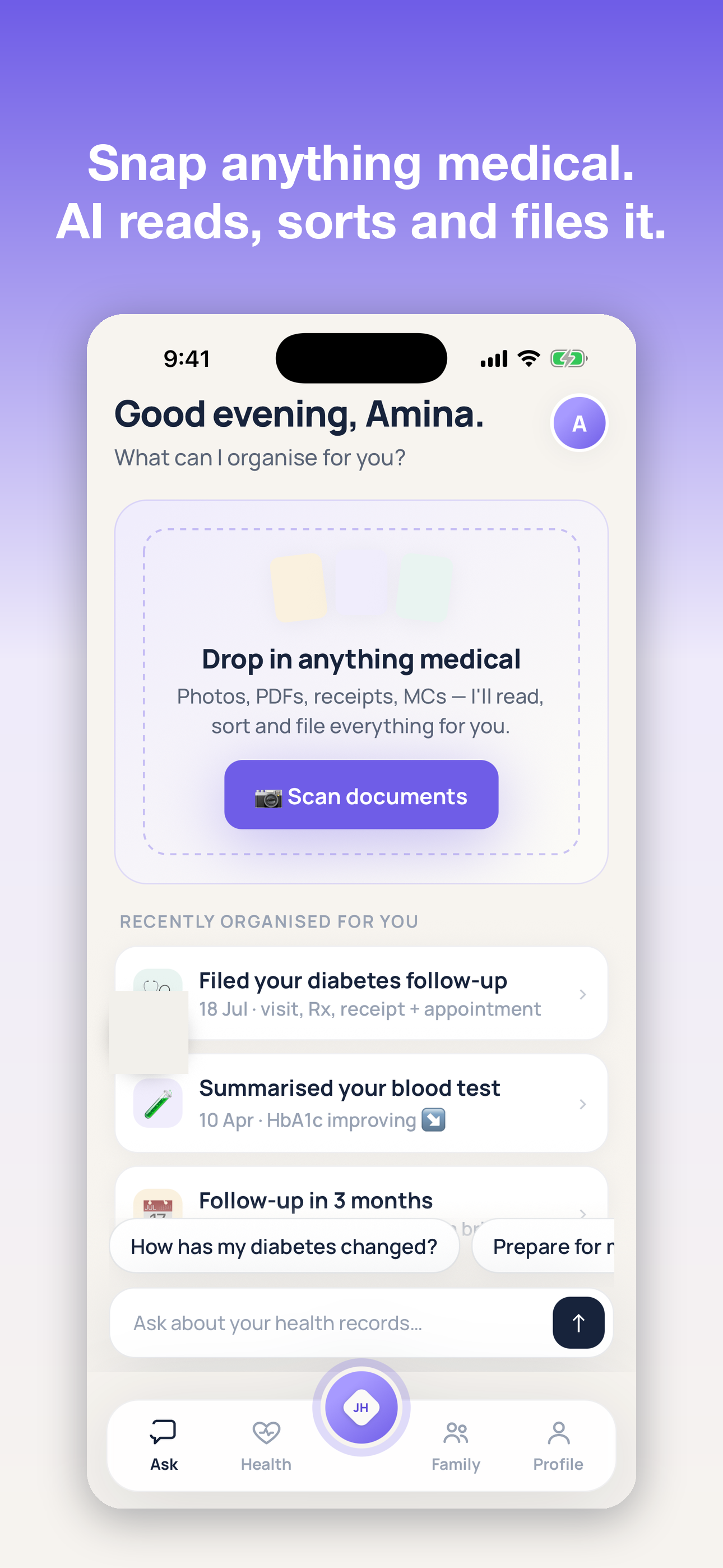 The home screen with a prompt to drop in anything medical, above a list of recently organised records.
