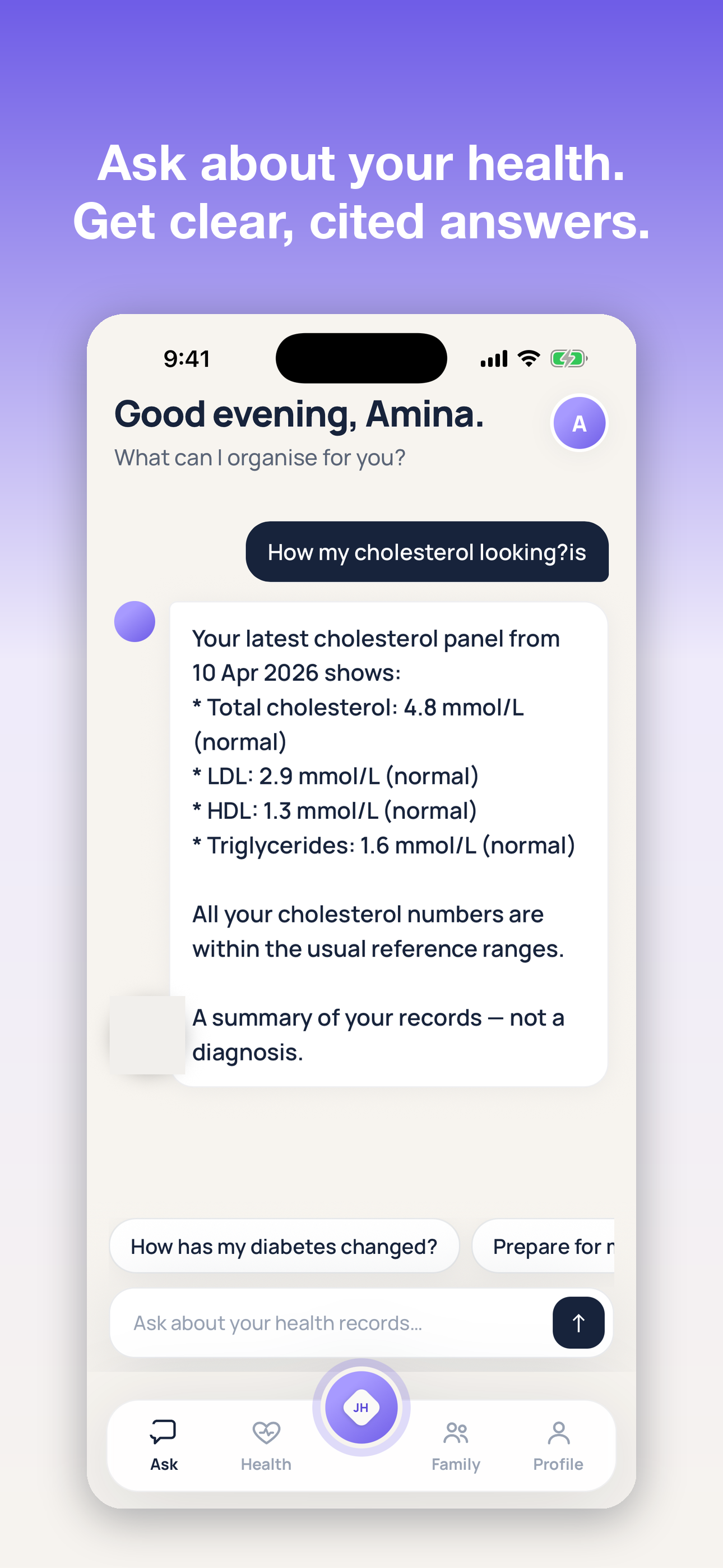 The Ask screen answering a question about a cholesterol panel, listing the values from the user's own lab report and noting that a summary is not a diagnosis.