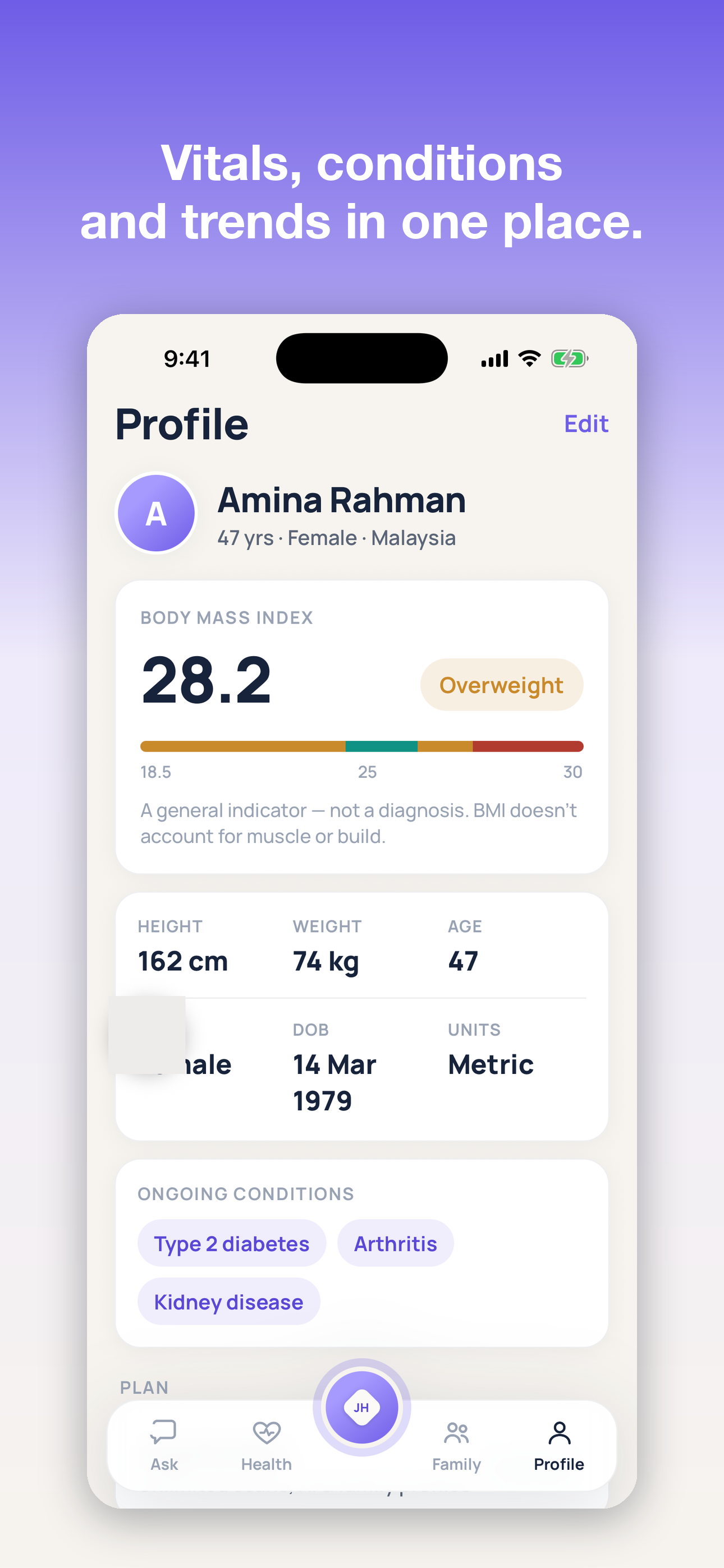 The Health screen showing vitals, ongoing conditions and lab values tracked over time.